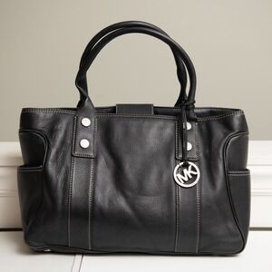Michael Kors Black Leather Tote Bag MK Logo Silver Hardware Double Handle